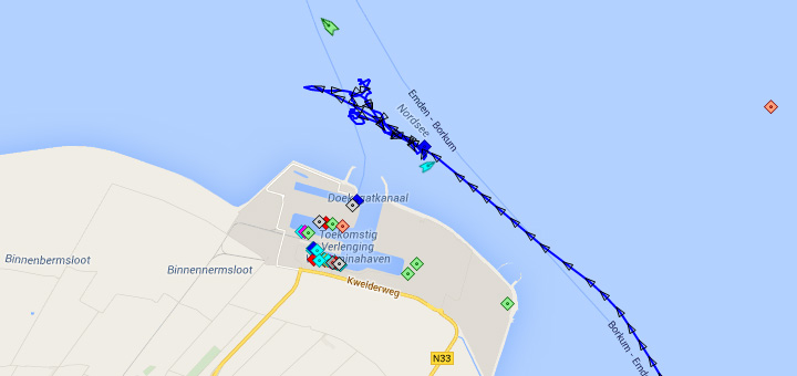 Kurs der Einstellungsfahrt der Quantum of the Seas am 23. September 2014 vor Eemshaven. Quelle: Google Maps / marinetraffic.com