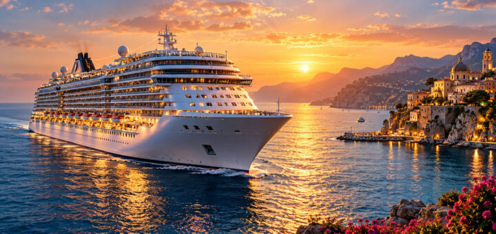 Kreuzfahrtschiff im Sonnenuntergang