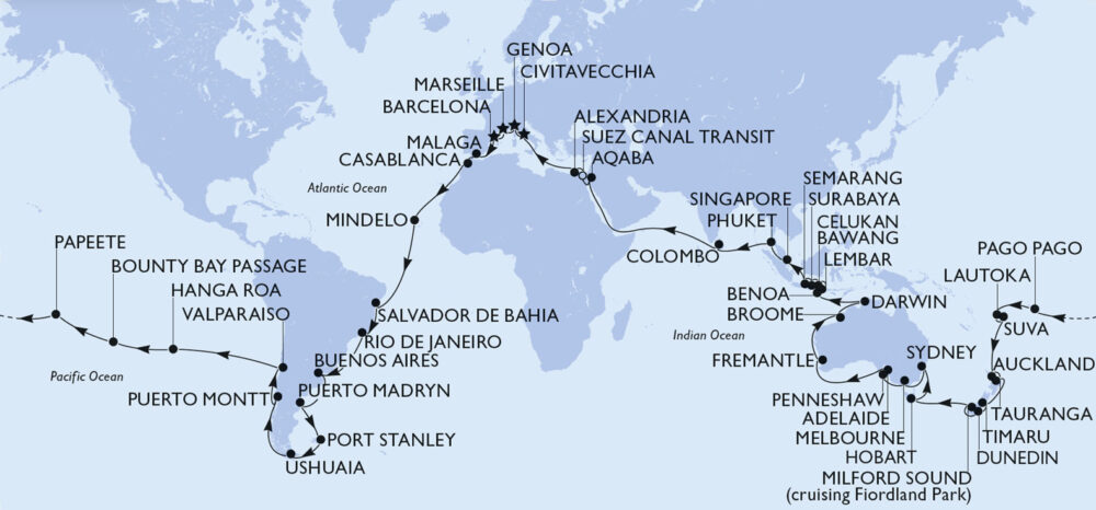 Route der MSC Weltreise 2029